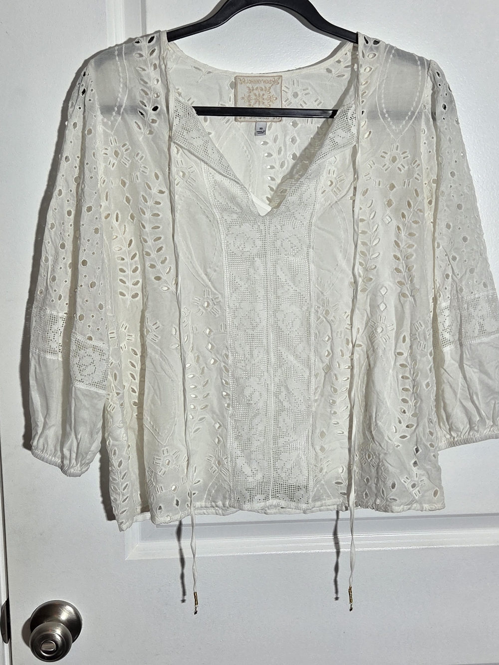 Johnny Was Jade Embroidered Eyelet Blouse Women XS White  Mid Sleeve
